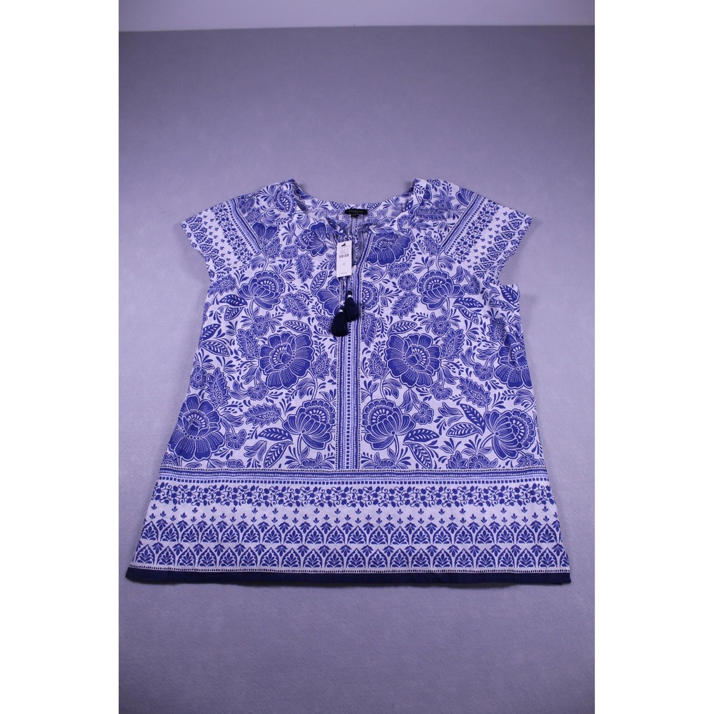 Talbots Blue White Floral Medallion Tassel Split Neck Cap Sleeve Blouse Medium
